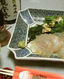 金沢のもてなし料理、芹とヒラメの昆布締め