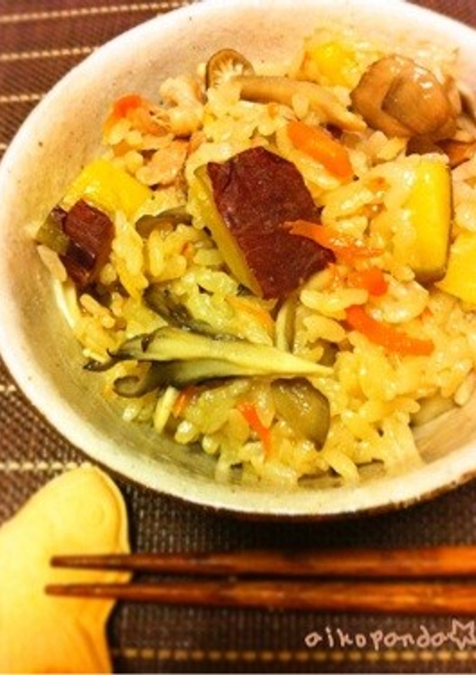 豚バラ生姜きのことさつま芋の炊込みご飯-レシピのメイン写真