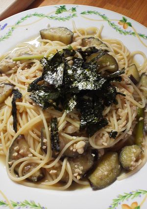 ナスとアスパラで納豆ペペロンチーノ！-レシピのメイン写真