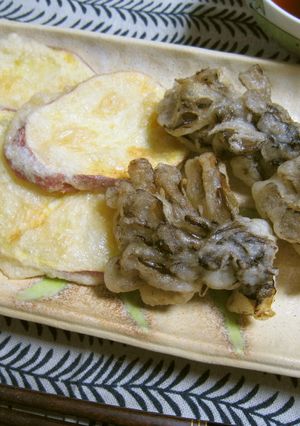 卵なし酢入り天ぷら衣①薩摩芋＆舞茸天ぷら-レシピのメイン写真