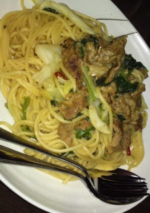 お肉の甘辛!味噌和風パスタ-レシピのメイン写真