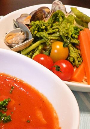 蒸し野菜添え❤トマトつけパスタ-レシピのメイン写真