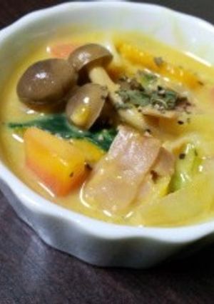 ﾍﾞｰｺﾝとｶﾎﾞﾁｬの豆乳味噌ｼﾁｭｰ-レシピのメイン写真