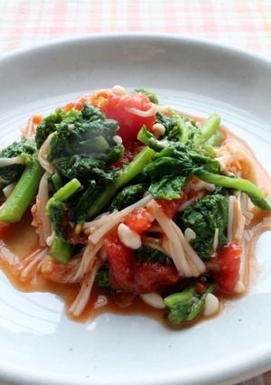 塩麹トマト缶ｄｅ菜の花エノキタケの炒め物-レシピのメイン写真