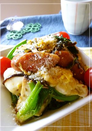 ウインナーとホウレン草・卵の塩昆布炒め-レシピのメイン写真