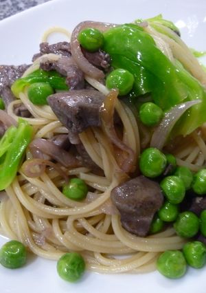 鶏レバーと春野菜のスパゲッティー♪-レシピのメイン写真