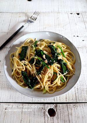 ちぢみほうれん草とツナの柚胡椒パスタ-レシピのメイン写真