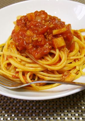 ランチに　ごぼうのミートソースパスタ-レシピのメイン写真