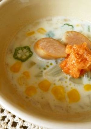 明太バターonウインナー豆乳味噌スープ-レシピのメイン写真