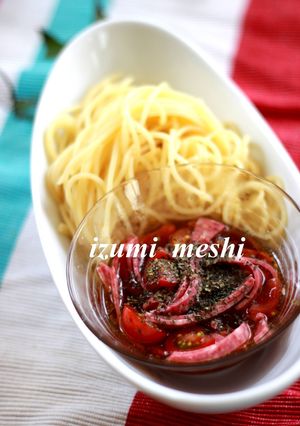 さっぱりトマトと麺つゆの冷たいつけスパ-レシピのメイン写真