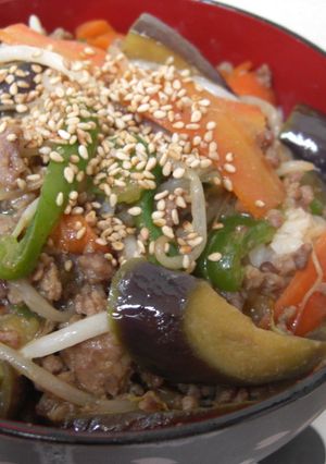 簡単☆時短☆なすと挽肉のカラフル丼-レシピのメイン写真