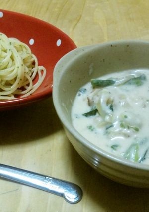 鶏肉と菜の花の塩麹クリームつけスパ♪-レシピのメイン写真