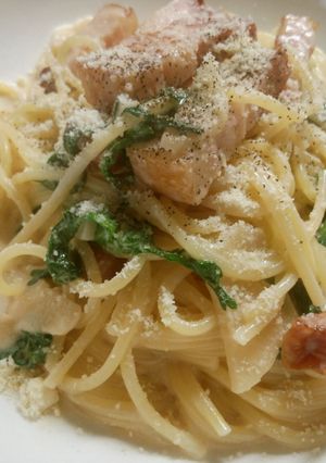 ごろごろベーコンと春菊のクリームパスタ-レシピのメイン写真