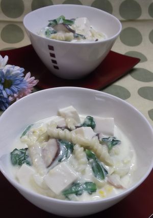 小松菜と豆腐のかき玉クリームスープパスタ-レシピのメイン写真