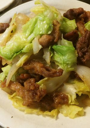 春キャベツと豚肉の唐揚げカレー味の炒め物-レシピのメイン写真