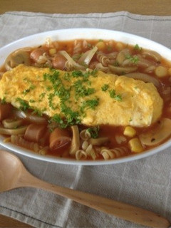 トマトスープパスタ〜オムレツと一緒に〜-レシピのメイン写真