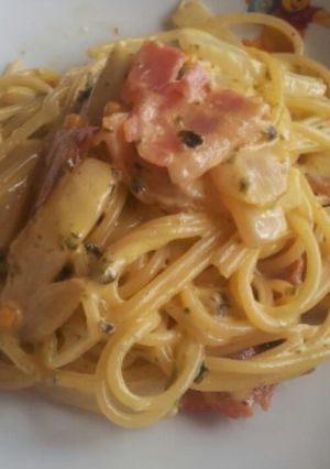 お茶漬けの素とベーコンきのこのパスタ-レシピのメイン写真