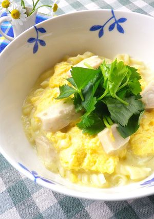 柚子こしょう香る♪親子丼風クリームパスタ-レシピのメイン写真