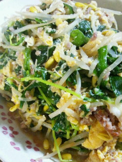 豆苗と豆もやしのニラ玉オイマヨ炒め-レシピのメイン写真
