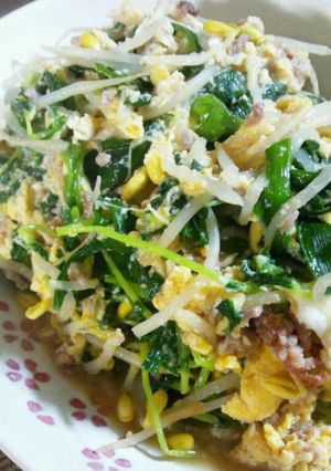豆苗と豆もやしのニラ玉オイマヨ炒め-レシピのメイン写真