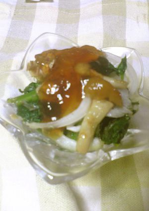 葉野菜・なめこ・新玉の、おかかジュレポン-レシピのメイン写真
