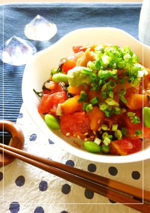 枝豆・トマトを乗せた　サーモン丼。-レシピのメイン写真