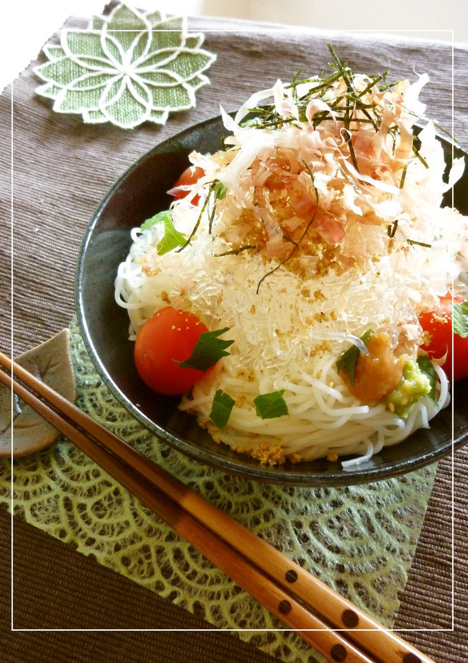 プチプチ食感♥　トマト梅ワサビ素麺-レシピのメイン写真