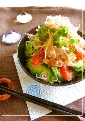 ツナ・ゴーヤ・トマトのぶっかけ素麺-レシピのメイン写真