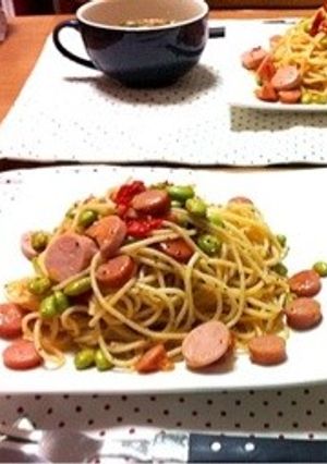 枝豆とウインナーとトマトのペペロンチーノ-レシピのメイン写真