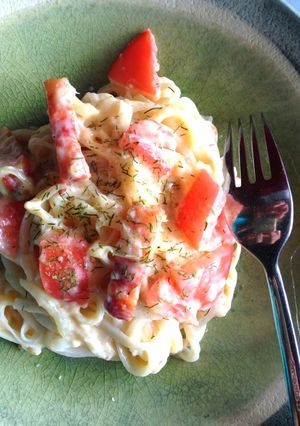 トマトの豆乳うどんカルボナーラ♬-レシピのメイン写真