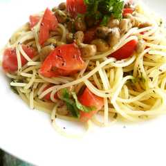 รูปของ 納豆トマト×Wシソ♡冷製パスタ♡