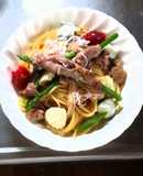 肉巻きアスバラガスと鮪の和風パスタ