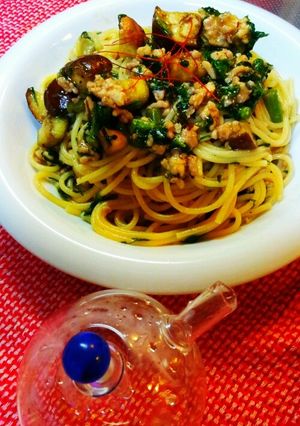春菊香る麻婆茄子パスタ．*♪-レシピのメイン写真