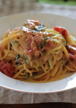 水菜とベーコンのトマトクリームパスタ-レシピのメイン写真