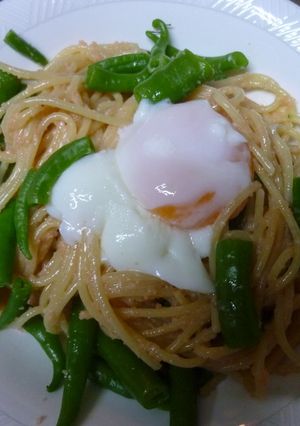 辛子明太子の温玉乗せパスタ-レシピのメイン写真