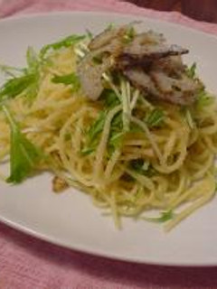 明太子と水菜のスパゲッティ with かりかりレンコン-レシピのメイン写真