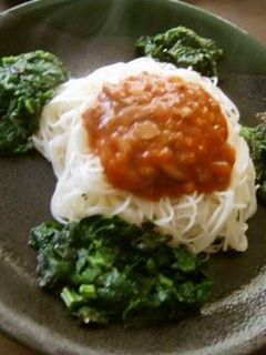 モロヘイヤとミートソースでそうめんを!!-レシピのメイン写真