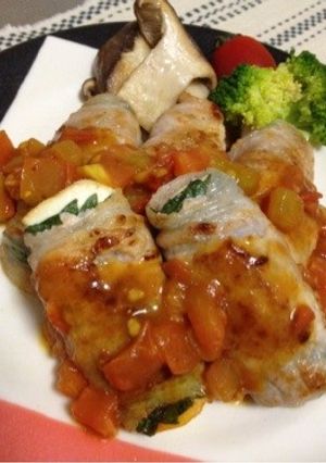 豆腐と大葉の豚肉巻きトマトソースで！-レシピのメイン写真