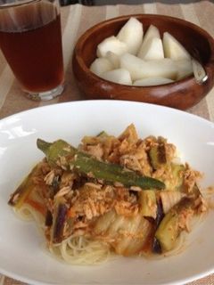 茄子オクラツナキムチ素麺-レシピのメイン写真