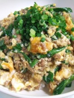 簡単・節約・「ひき肉のニラ玉丼」-レシピのメイン写真