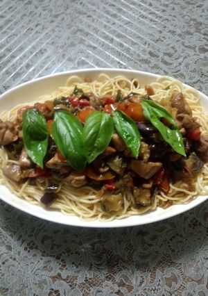 夏野菜とチキンのバジルスパゲティ-レシピのメイン写真