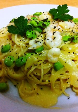 簡単　だだちゃ豆とエビの牛乳カルボナーラ-レシピのメイン写真