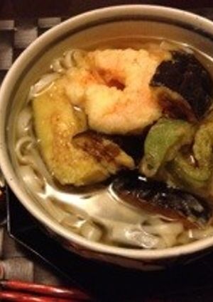 茄子の素揚げと海老天のせ稲庭饂飩-レシピのメイン写真