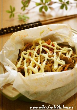クッキングシートで♡豚キムチ焼きそば-レシピのメイン写真