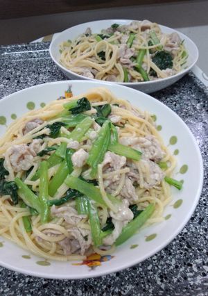 小松菜と豚肉のゆず胡椒パスタ-レシピのメイン写真