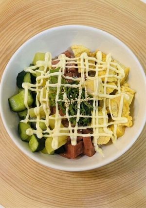 サイコロスパム卵焼き＆沢庵＆胡瓜浅漬け丼-レシピのメイン写真