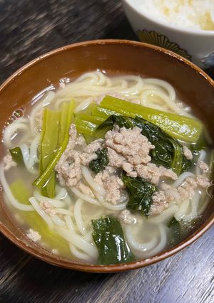 小松菜ひき肉うどん!乾麺ひと鍋仕上げ-レシピのメイン写真