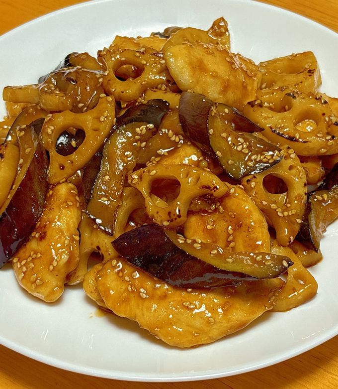 鶏ささみと茄子と蓮根のガリポン酢炒め by makopapa 【クックパッド