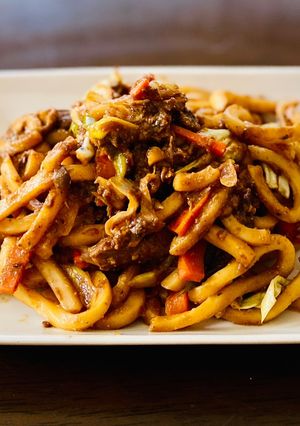 ワンボールレンジ、ごま味噌焼きうどん！-レシピのメイン写真