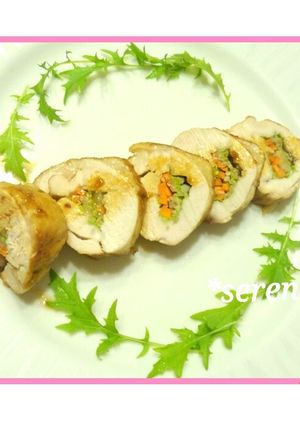 鳥むね肉の野菜ときのこの彩りロール♡-レシピのメイン写真
